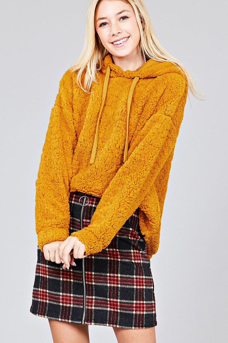 Ladies fashion long sleeve hoodie drawstring faux fur top