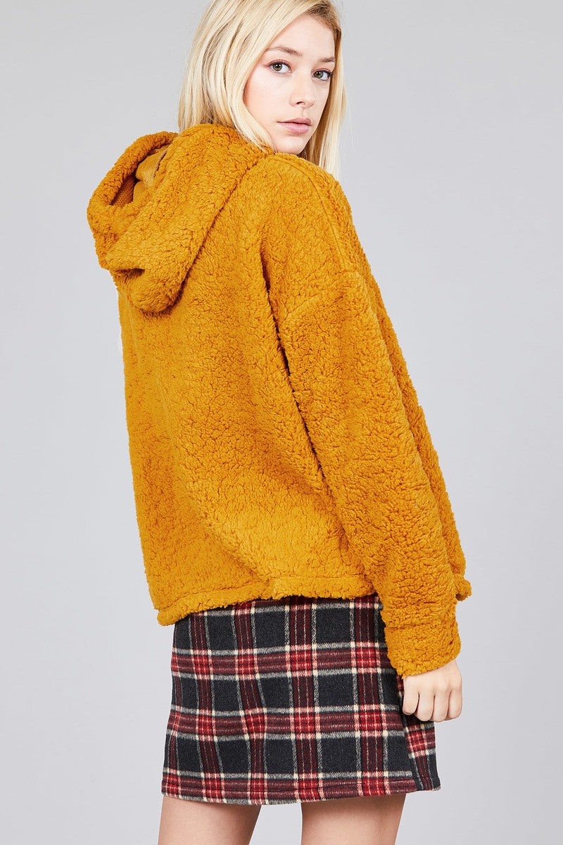 Ladies fashion long sleeve hoodie drawstring faux fur top