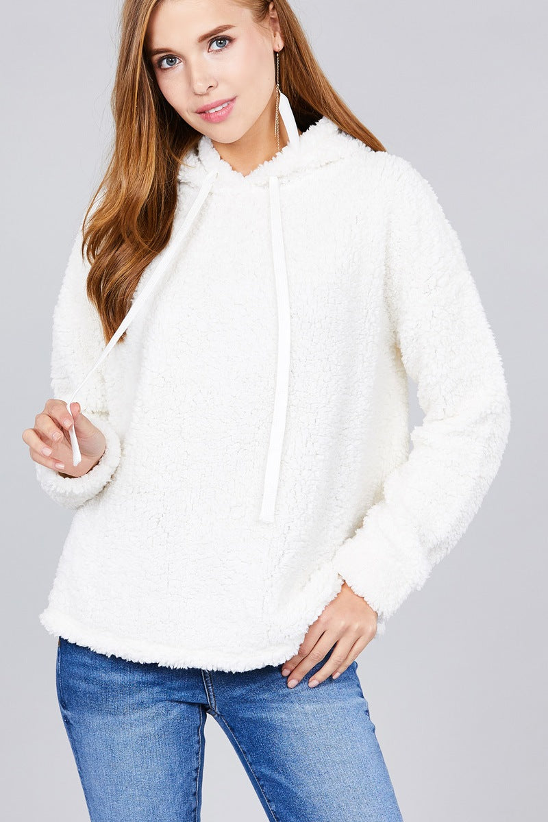 Ladies fashion long sleeve hoodie drawstring faux fur top