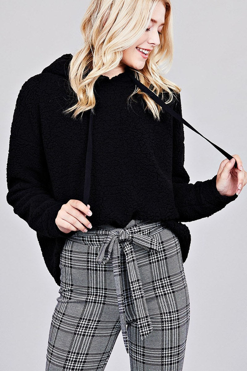 Ladies fashion long sleeve hoodie drawstring faux fur top