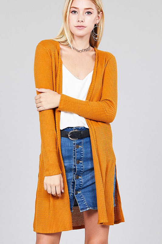 Ladies fashion long sleeve open front side slit tunic length brushed waffle cardigan