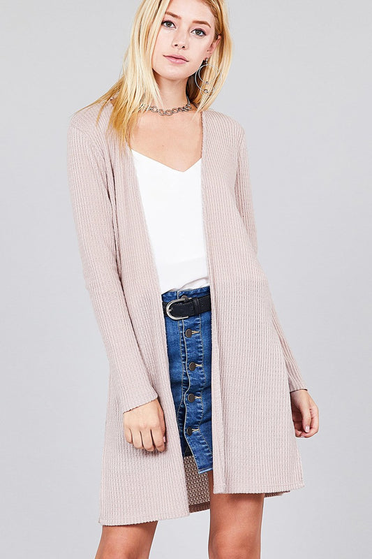 Ladies fashion long sleeve open front side slit tunic length brushed waffle cardigan