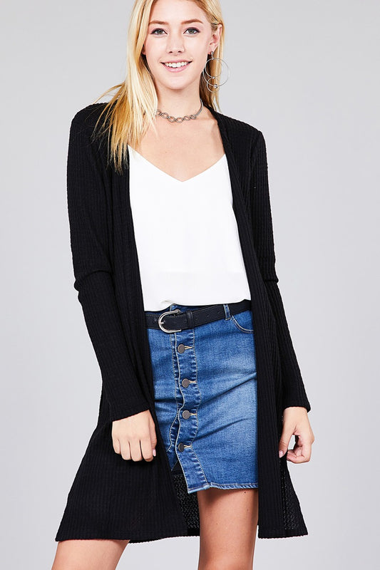 Ladies fashion long sleeve open front side slit tunic length brushed waffle cardigan