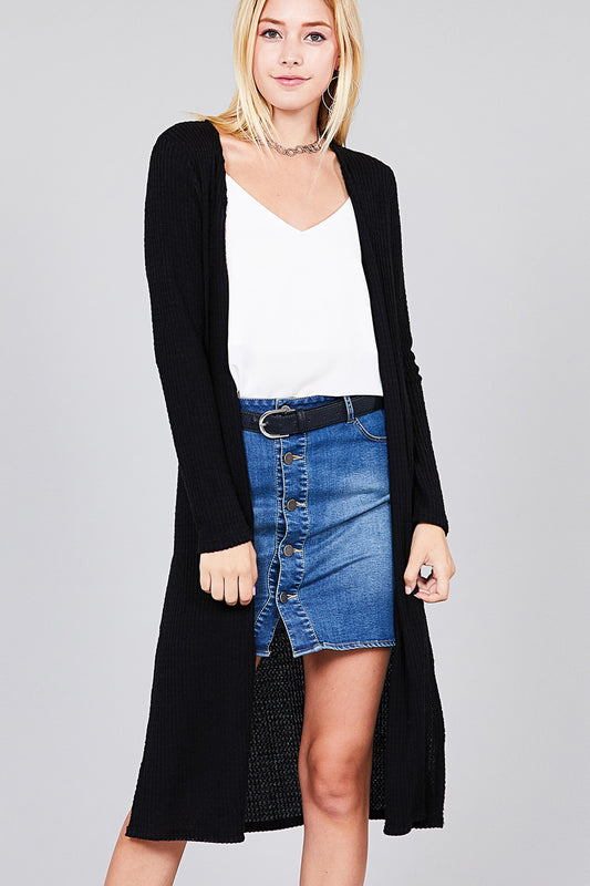 Ladies fashion long sleeve open front side slit midi length brushed waffle cardigan