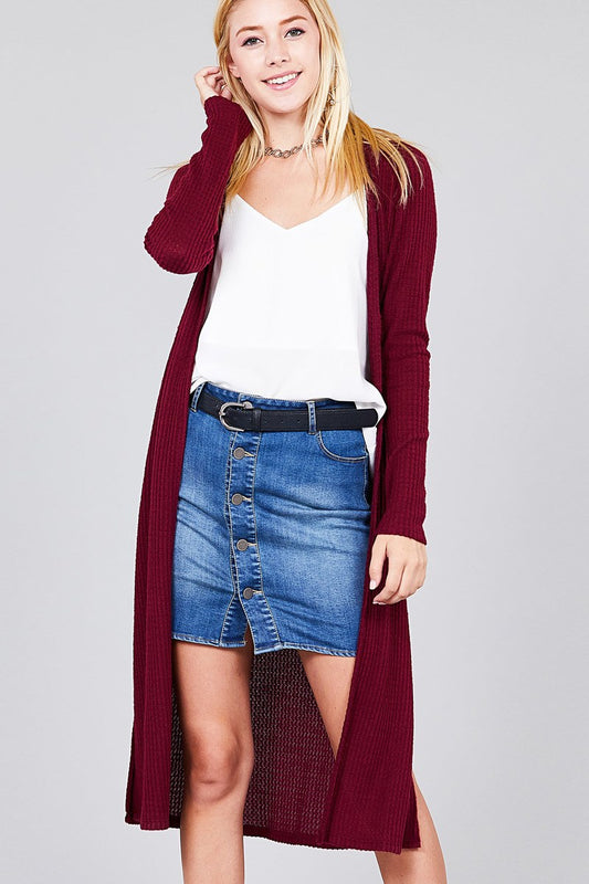 Ladies fashion long sleeve open front side slit midi length brushed waffle cardigan