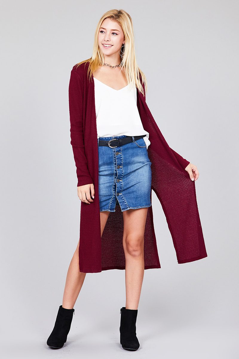 Ladies fashion long sleeve open front side slit midi length brushed waffle cardigan