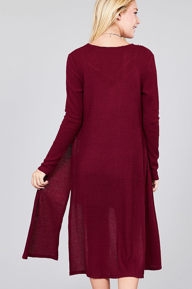 Ladies fashion long sleeve open front side slit midi length brushed waffle cardigan