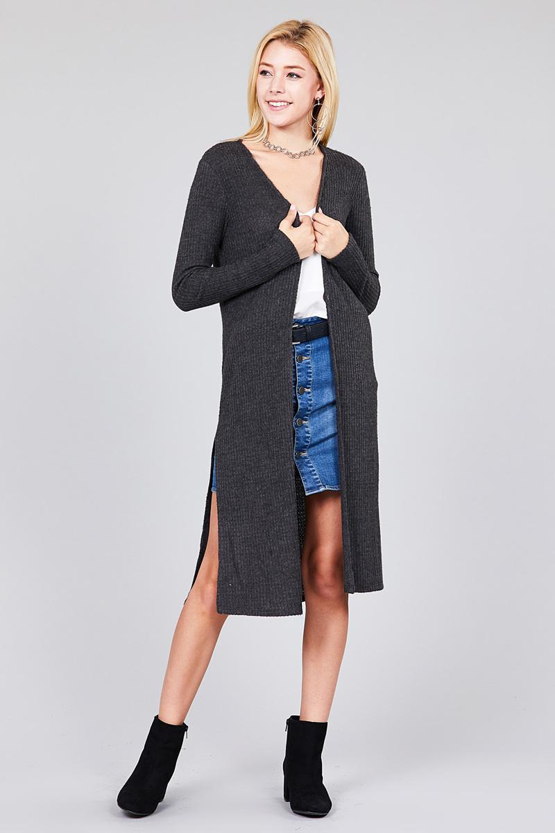 Ladies fashion long sleeve open front side slit midi length brushed waffle cardigan