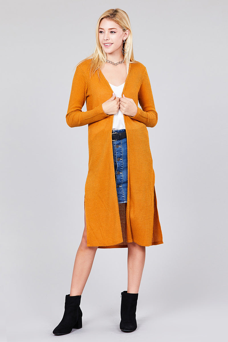 Ladies fashion long sleeve open front side slit midi length brushed waffle cardigan