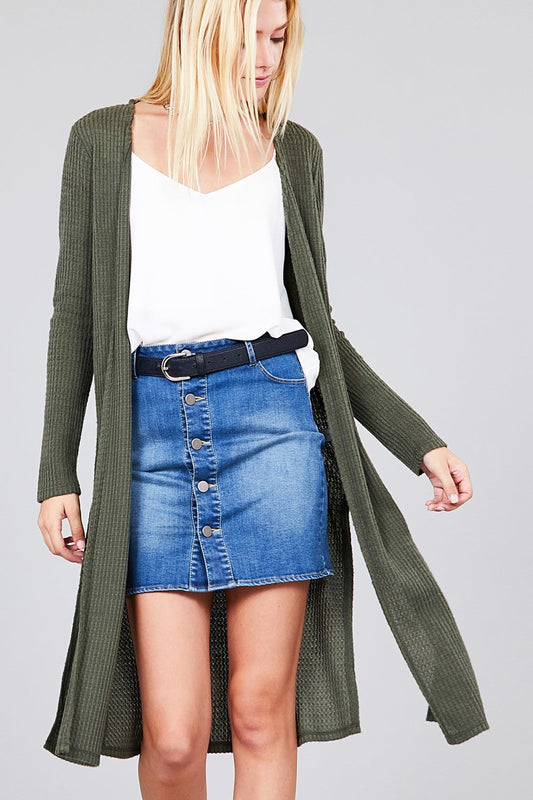 Ladies fashion long sleeve open front side slit midi length brushed waffle cardigan