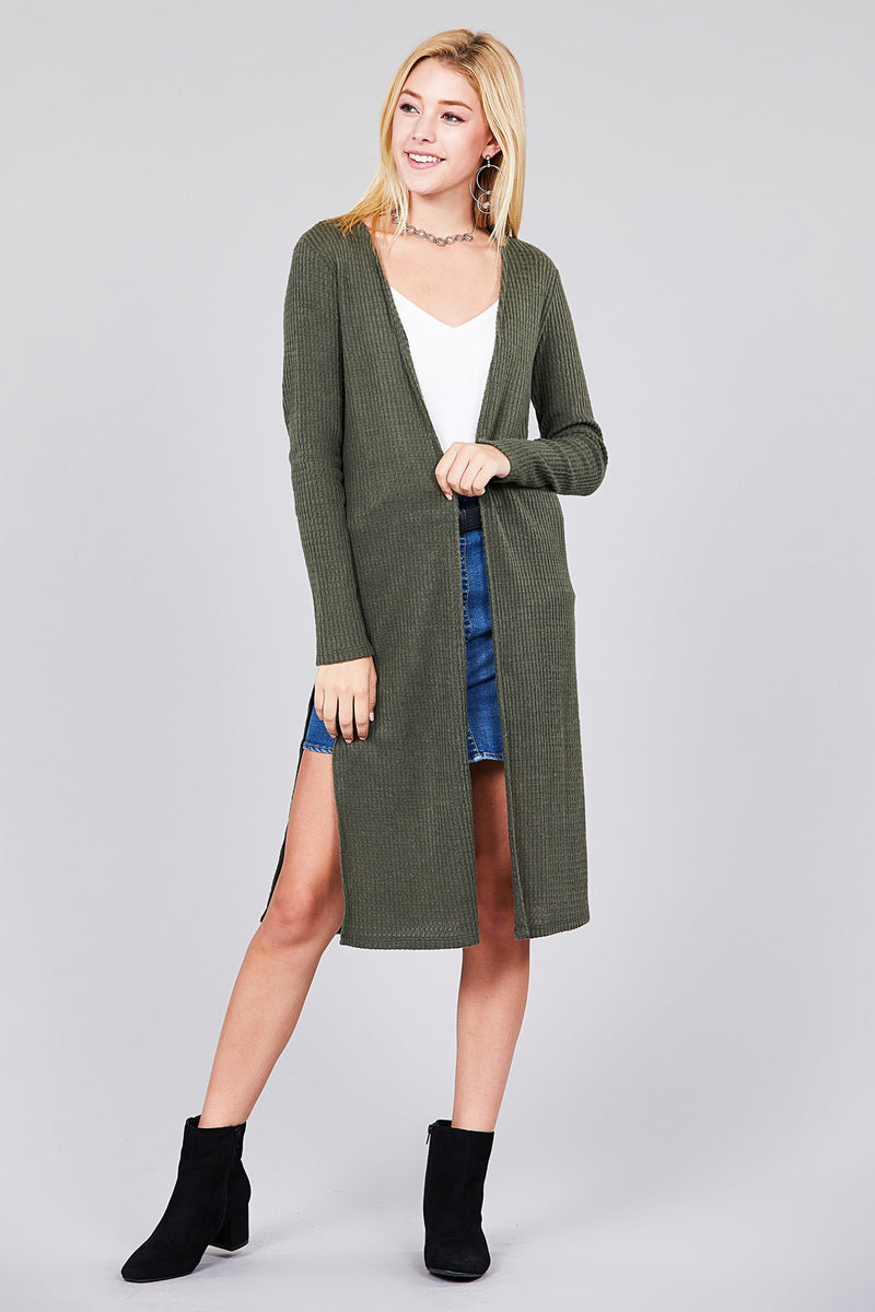 Ladies fashion long sleeve open front side slit midi length brushed waffle cardigan
