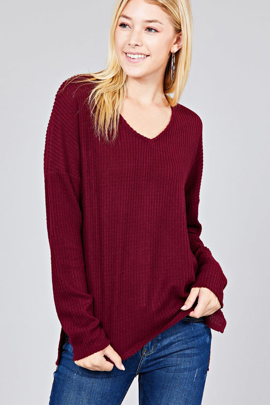 Ladies fashion long dolmen sleeve v-neck brushed waffle knit top