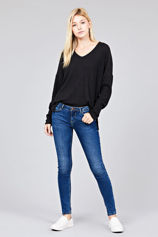 Ladies fashion long dolmen sleeve v-neck brushed waffle knit top