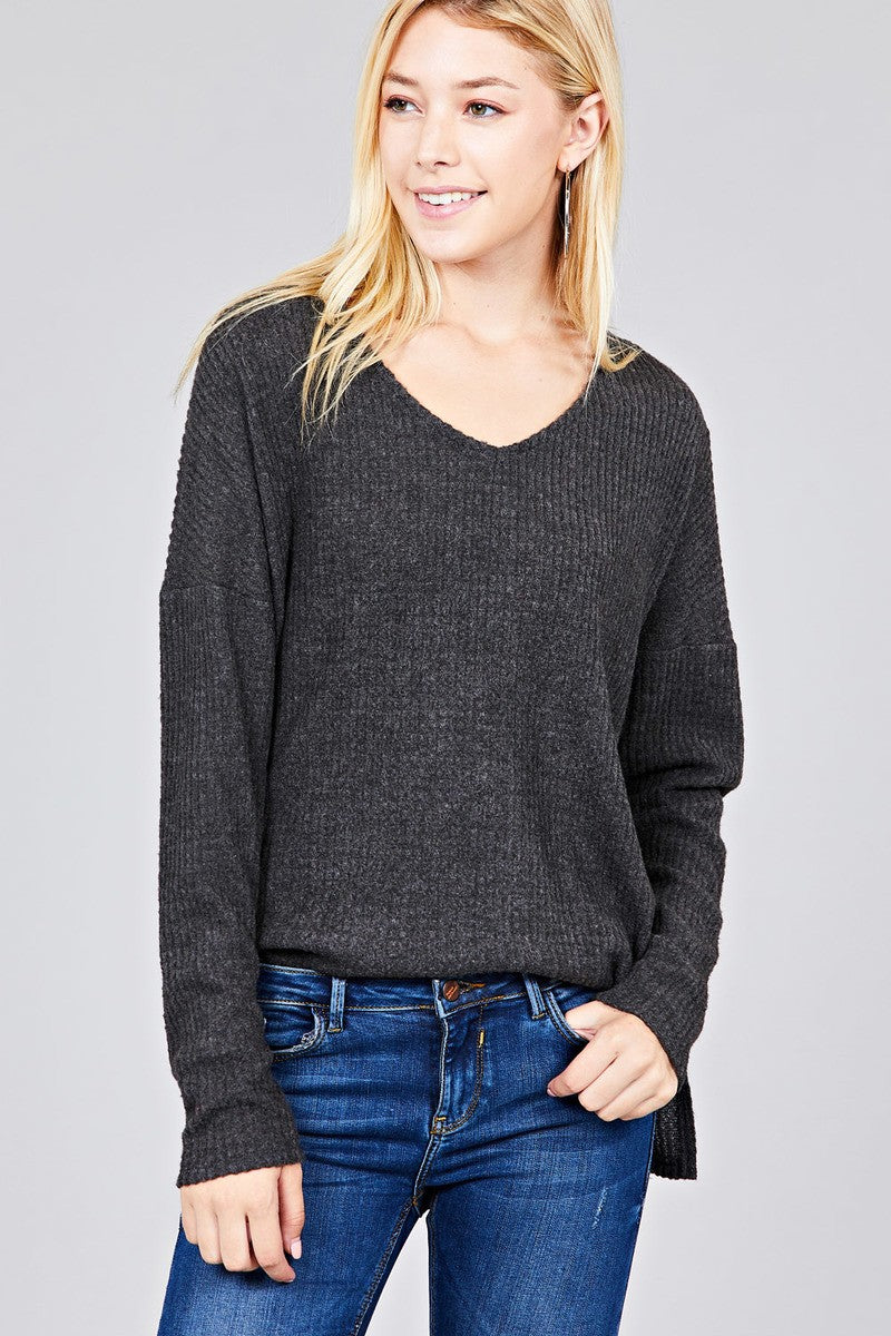 Ladies fashion long dolmen sleeve v-neck brushed waffle knit top