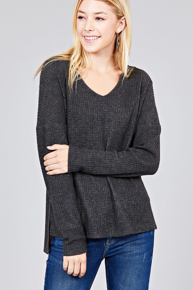 Ladies fashion long dolmen sleeve v-neck brushed waffle knit top