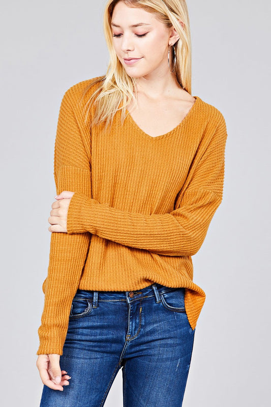 Ladies fashion long dolmen sleeve v-neck brushed waffle knit top