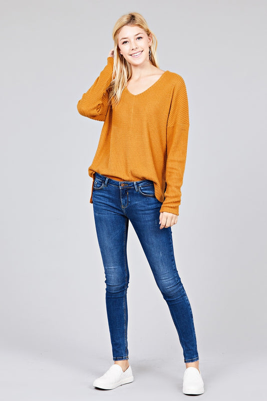 Ladies fashion long dolmen sleeve v-neck brushed waffle knit top