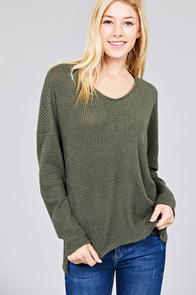 Ladies fashion long dolmen sleeve v-neck brushed waffle knit top