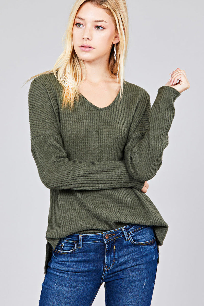 Ladies fashion long dolmen sleeve v-neck brushed waffle knit top
