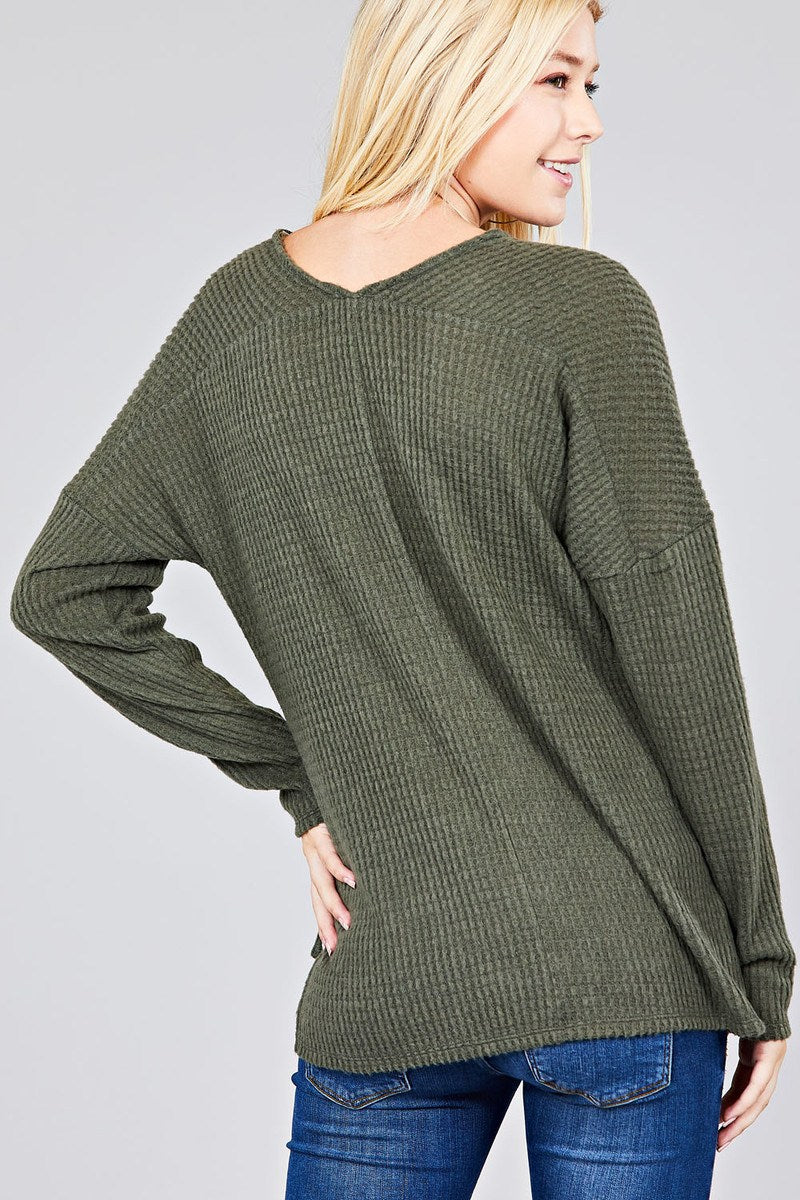 Ladies fashion long dolmen sleeve v-neck brushed waffle knit top