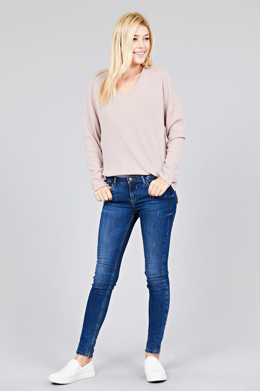 Ladies fashion long dolmen sleeve v-neck brushed waffle knit top
