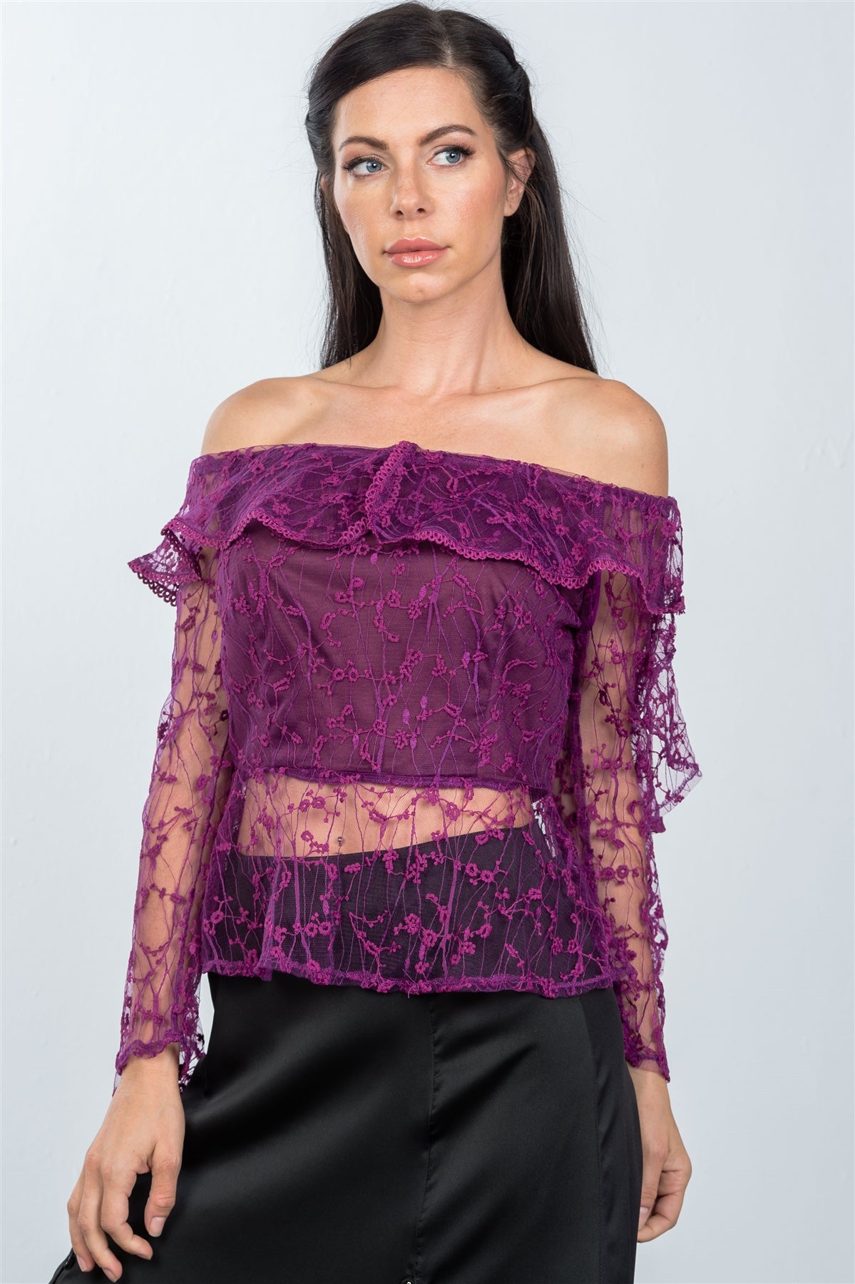 Ladies fashion sheer floral textured off the shoulder top