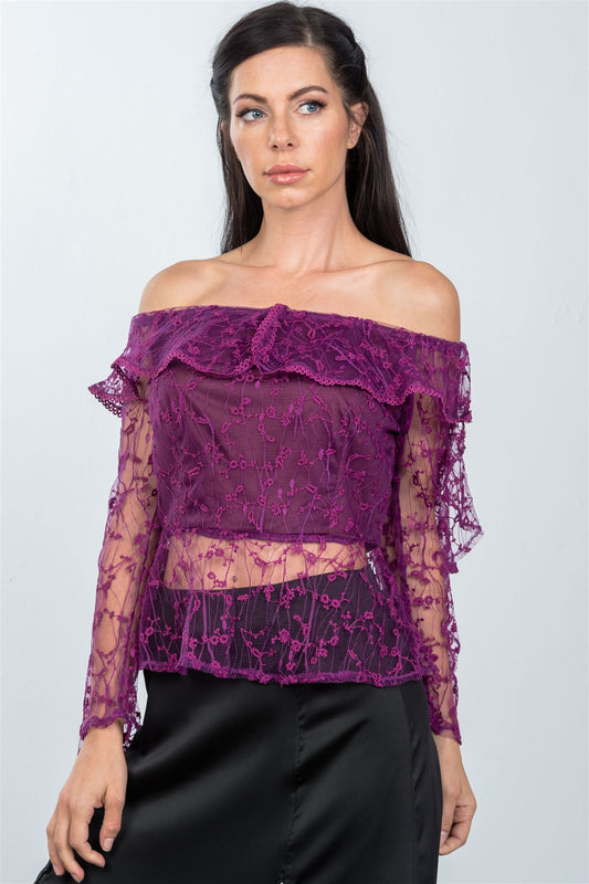 Ladies fashion sheer floral textured off the shoulder top