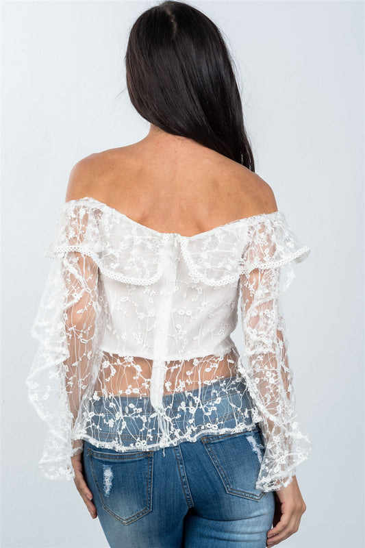 Ladies fashion sheer floral textured off the shoulder top
