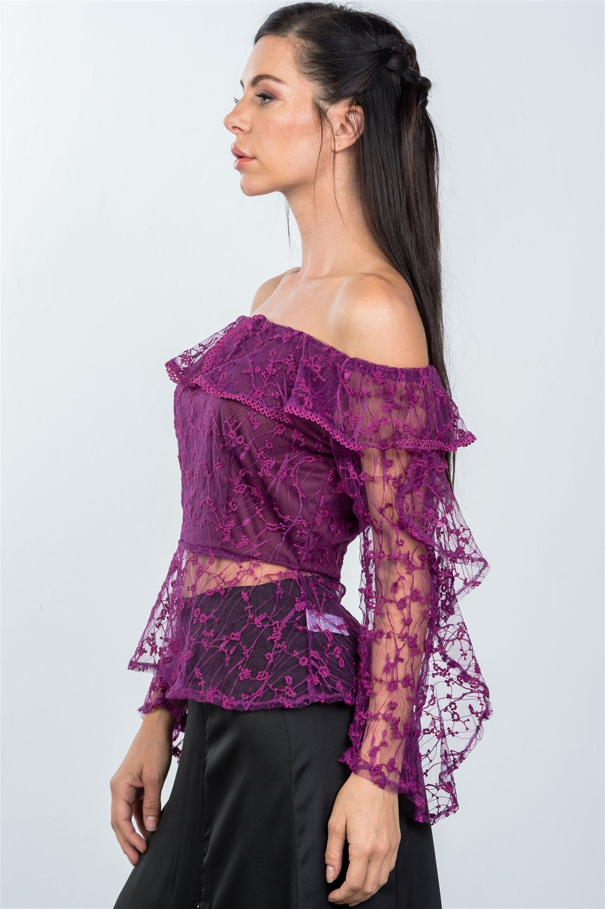 Ladies fashion sheer floral textured off the shoulder top