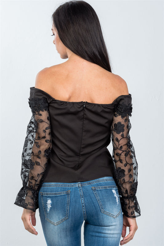 Ladies fashion v-wire off the shoulder floral applique top
