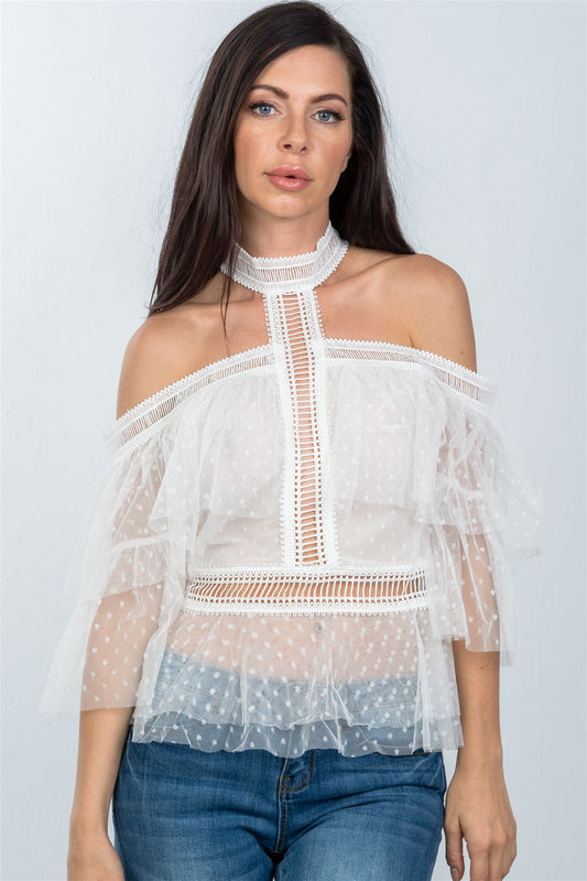 Ladies fashion boho off white sheer dot cold shoulder ruffle top