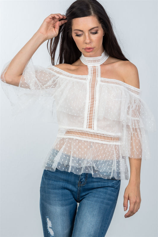 Ladies fashion boho off white sheer dot cold shoulder ruffle top