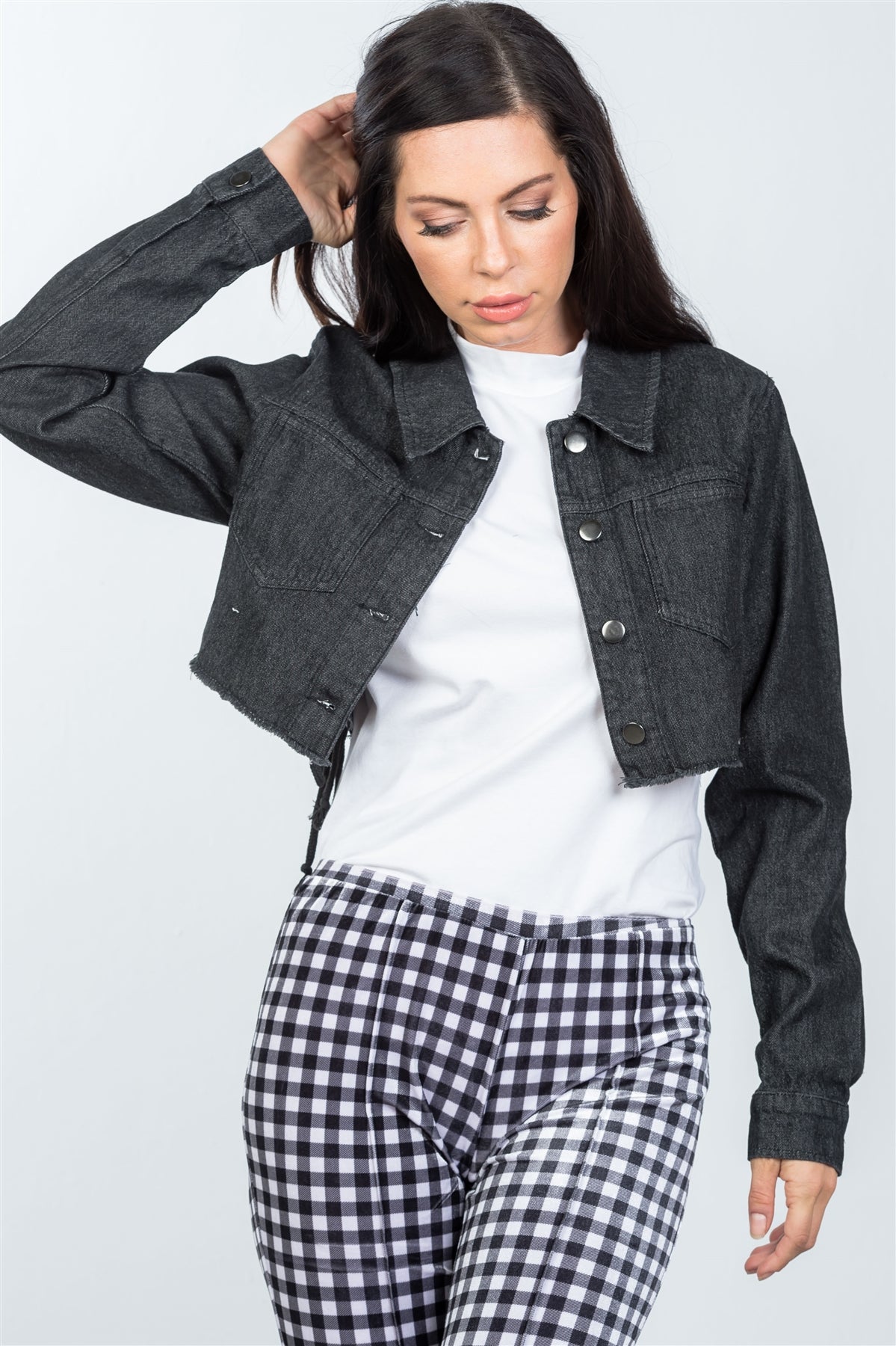 Ladies fashion black lace-up back denim crop jacket