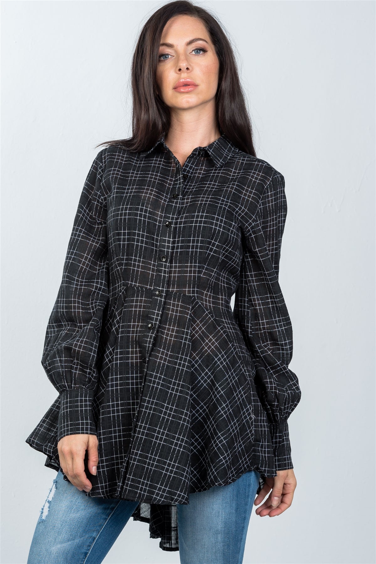 Ladies fashion black graph check print hi-low plume boho tunic shirt