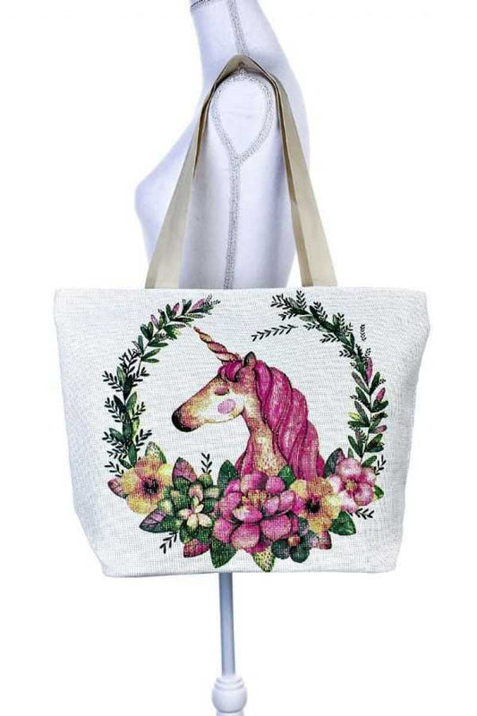 Unicorn floral wreath tote bag