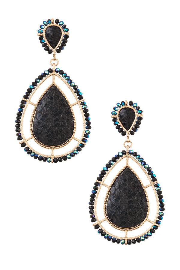 Bead framed teardrop reptile pattern earring