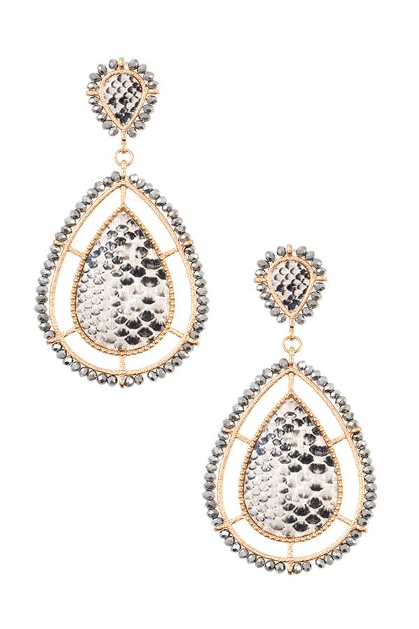 Bead framed teardrop reptile pattern earring