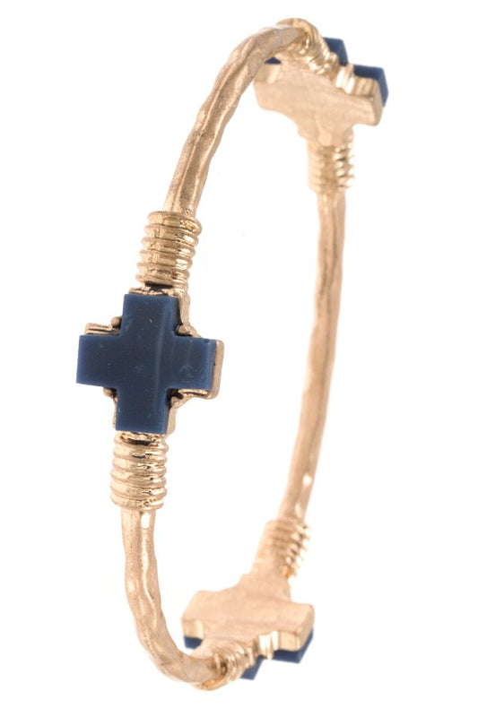 Hammered bangle cross station bracelet