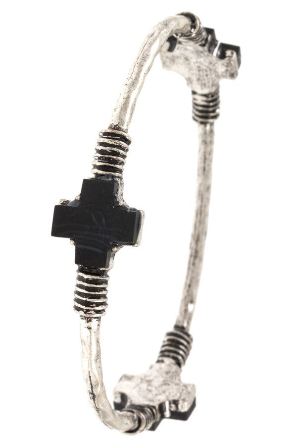 Hammered bangle cross station bracelet
