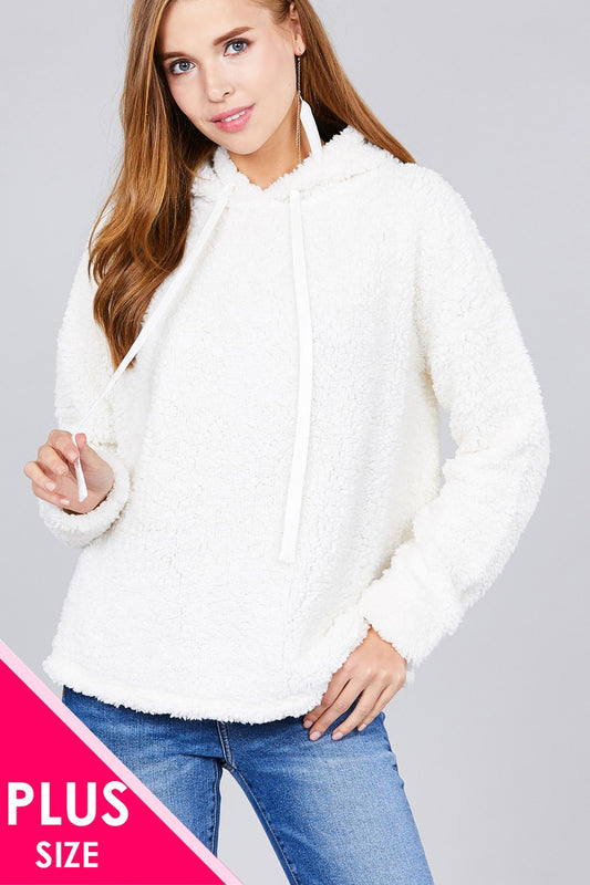 Ladies fashion plus size long sleeve hoodie drawstring faux fur top