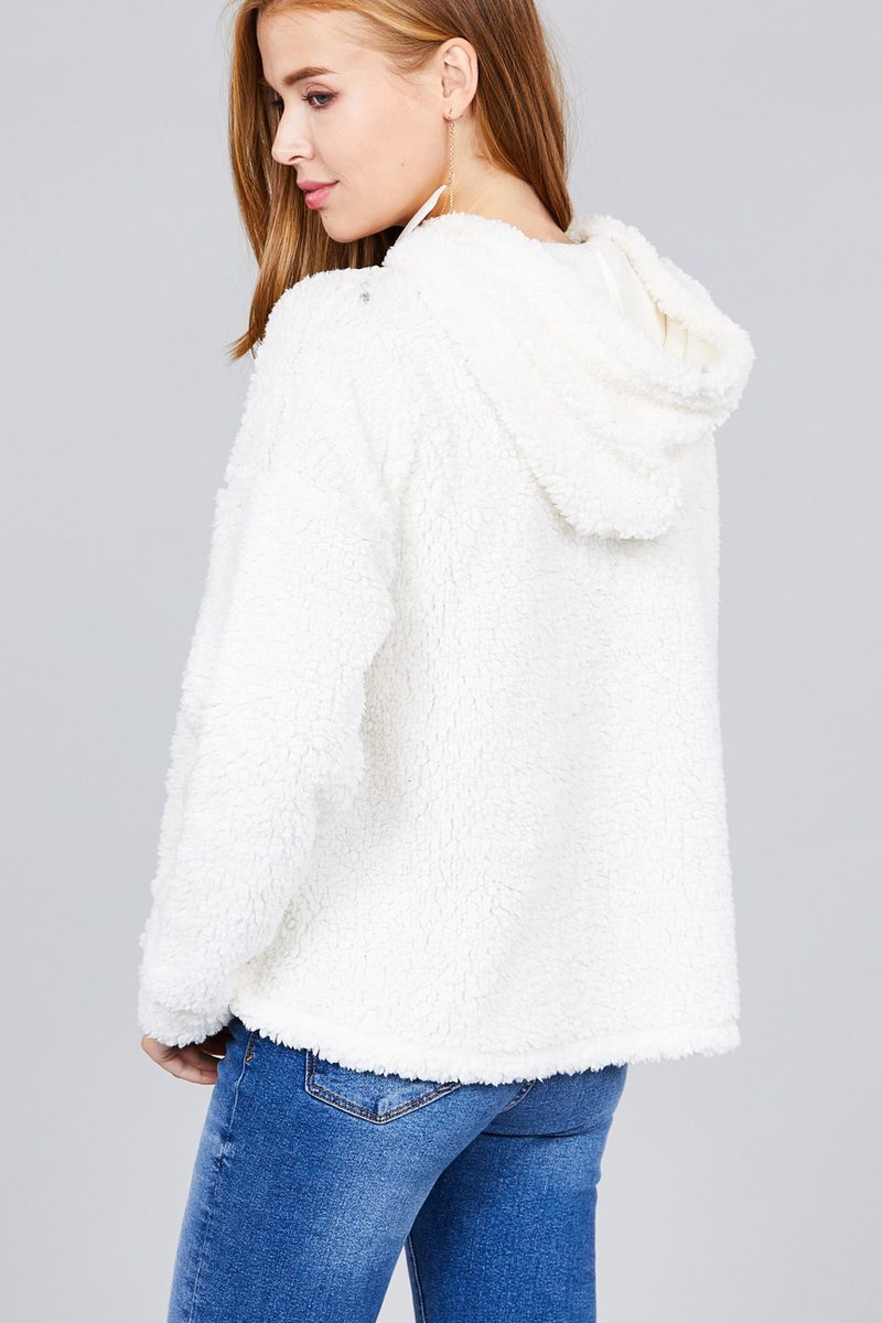 Ladies fashion plus size long sleeve hoodie drawstring faux fur top