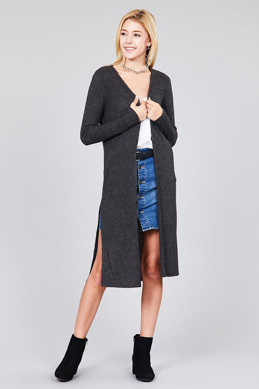 Ladies fashion plus size long sleeve open front side slit midi length brushed waffle cardigan