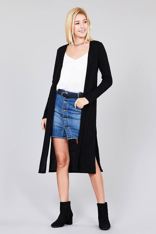 Ladies fashion plus size long sleeve open front side slit midi length brushed waffle cardigan