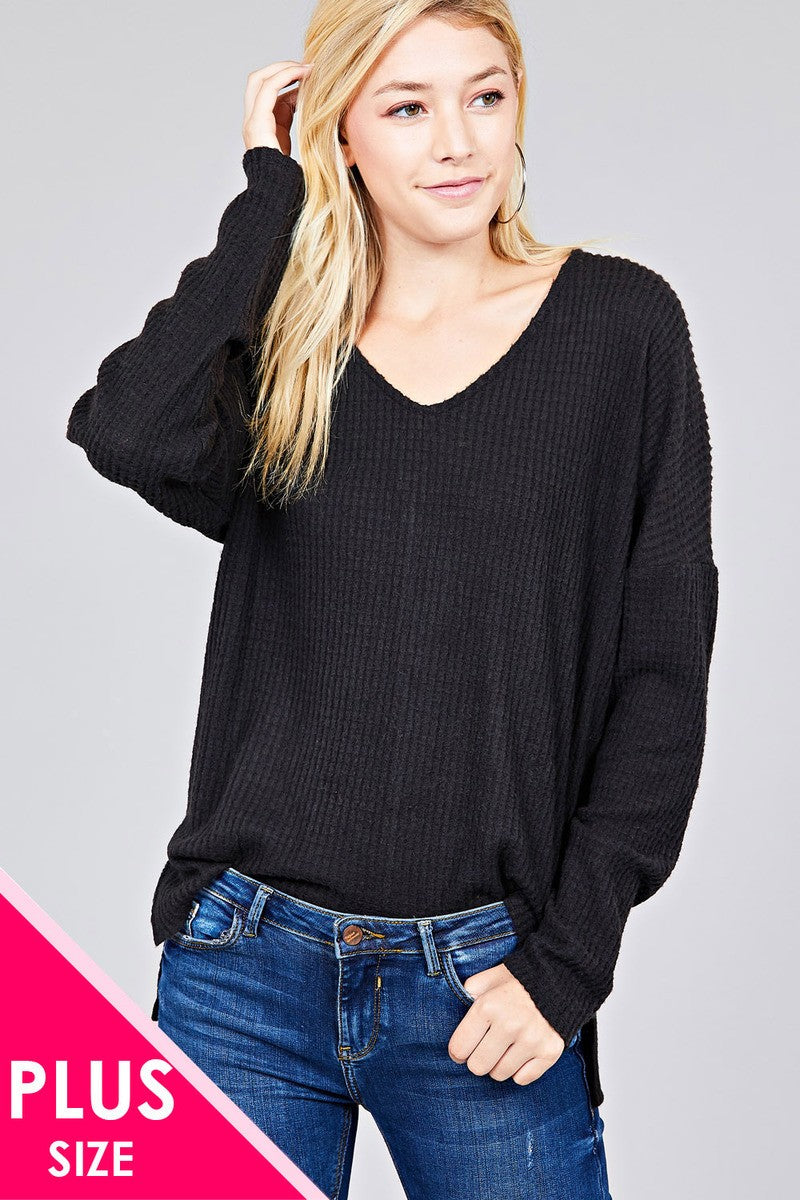 Ladies fashion plus size long dolmen sleeve v-neck brushed waffle knit top