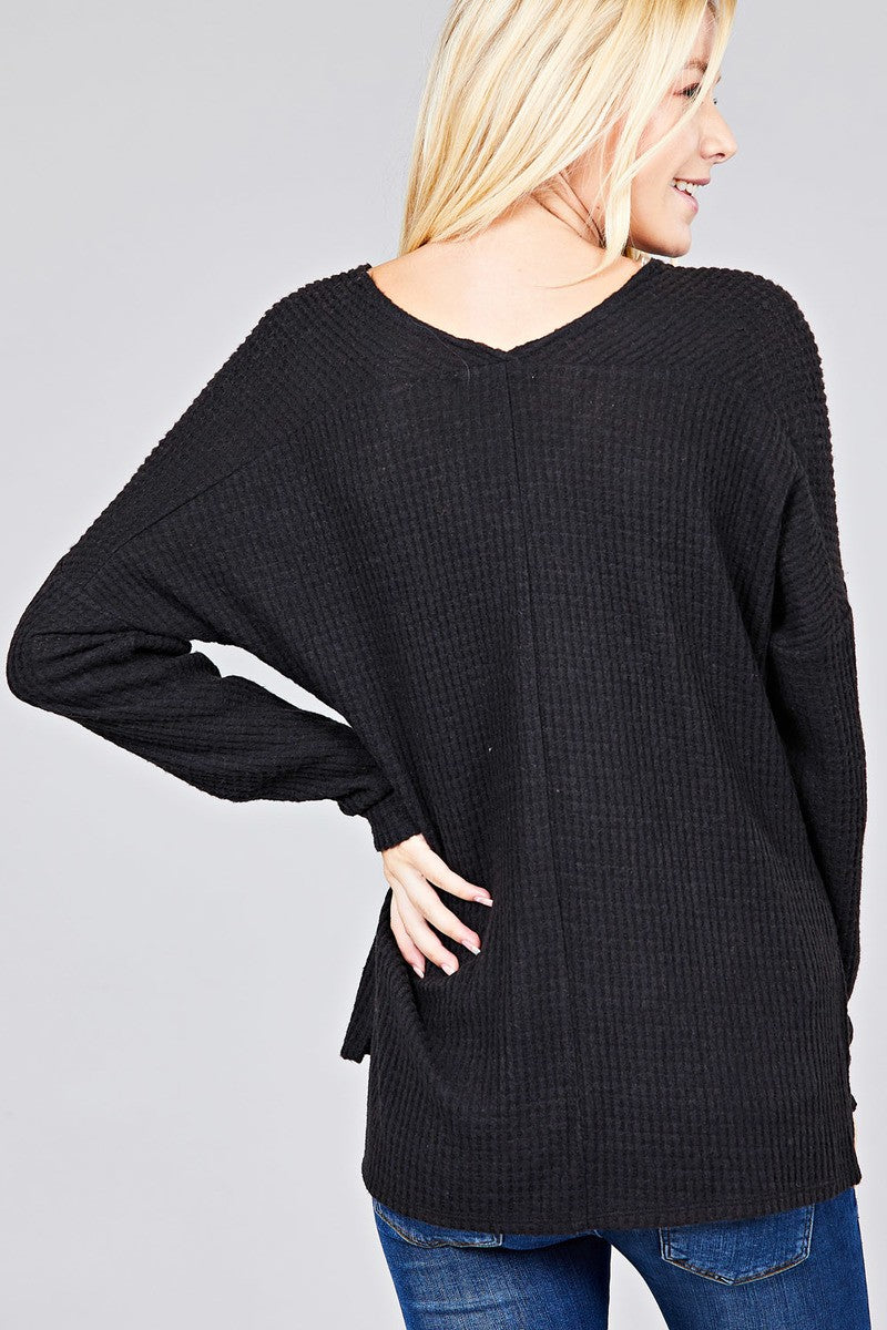 Ladies fashion plus size long dolmen sleeve v-neck brushed waffle knit top