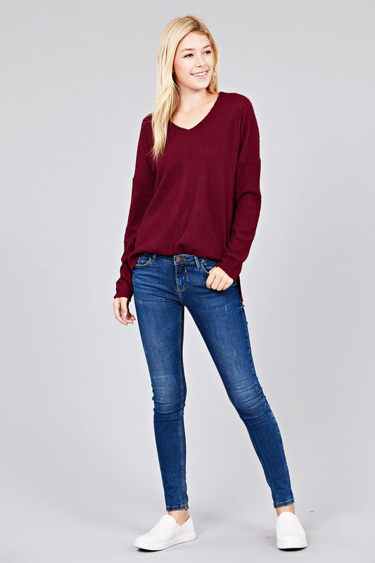 Ladies fashion plus size long dolmen sleeve v-neck brushed waffle knit top