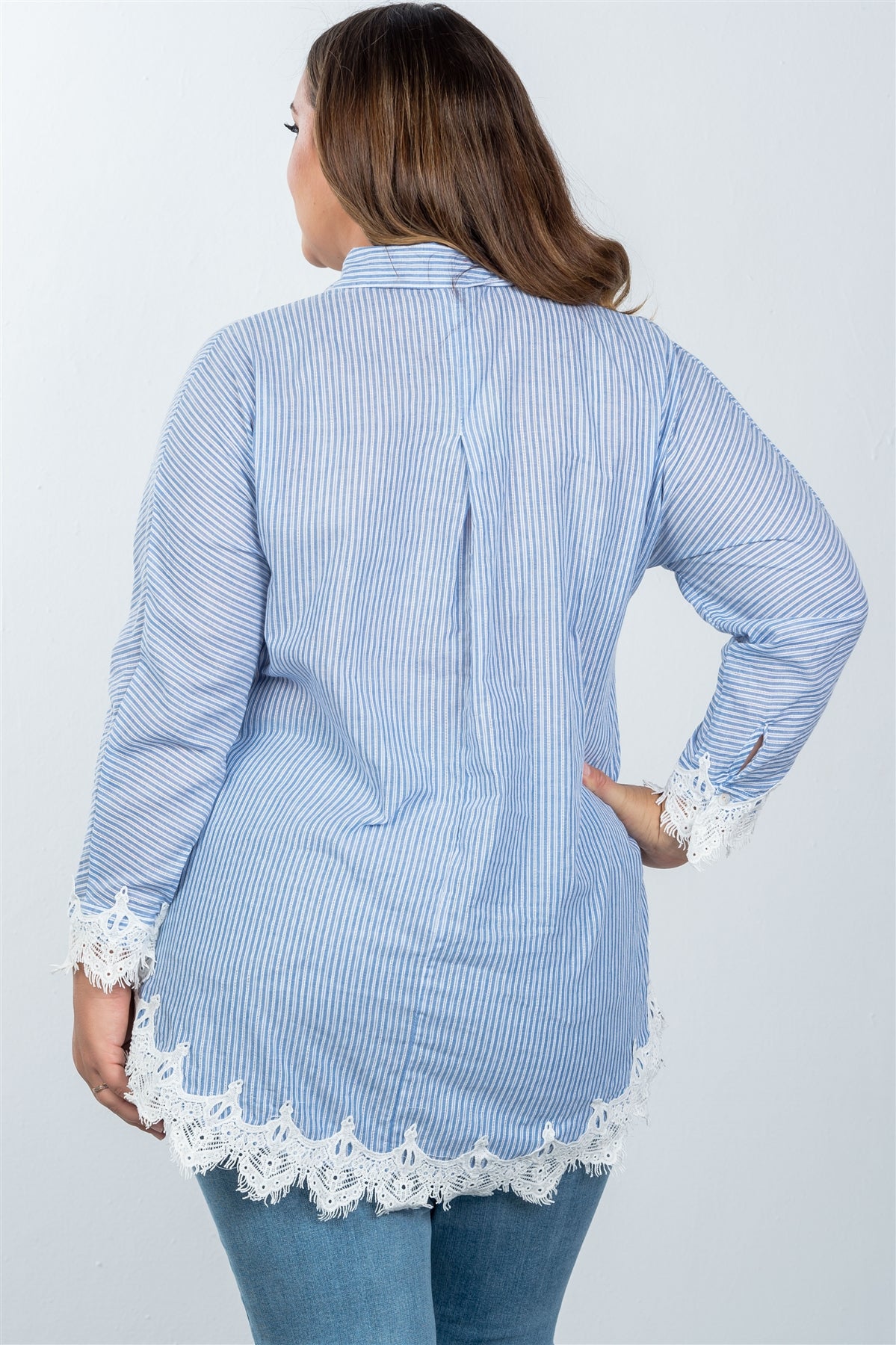Ladies fashion plus size boho stripe crochet-hem button-up shirt