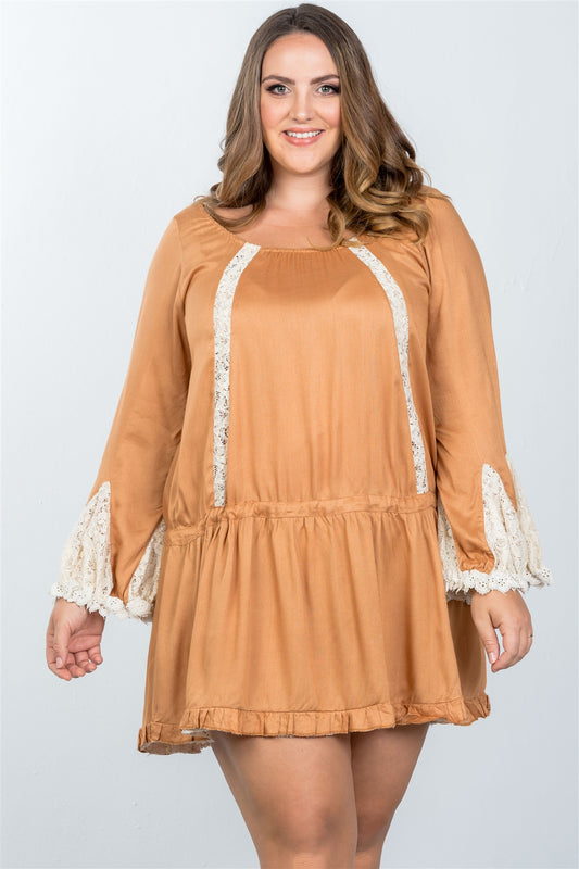 Ladies fashion plus size boho lace trim puff cuff dress