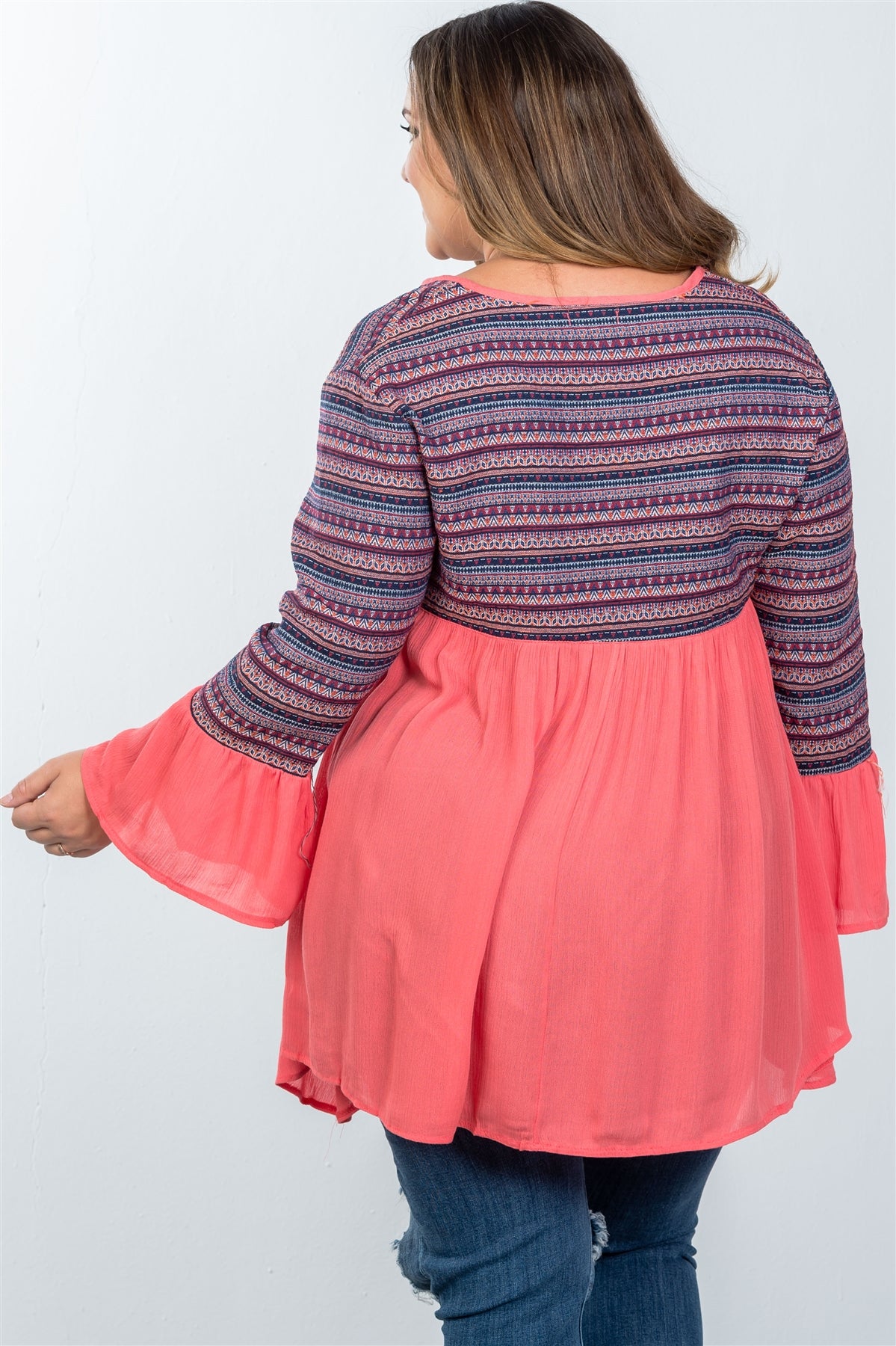 Ladies fashion plus size boho coral tassel tie tribal bell sleeves top
