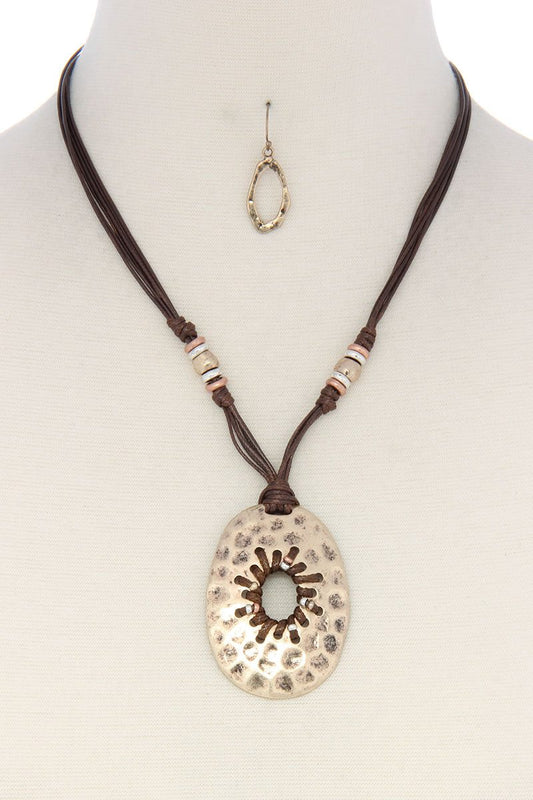 Rustic hammered circle leather necklace